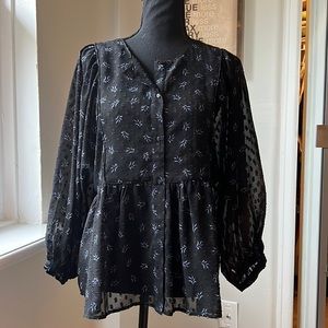 Lucky Brand blouse, sheer black floral button-up babydoll with balloon sleeves